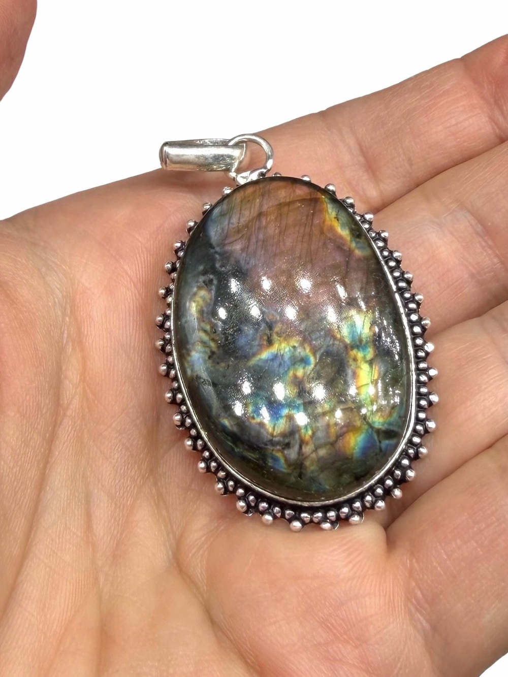 Labradorite Necklace Pendant 925 Sterling Silver Overlay Oval Stone Crystal